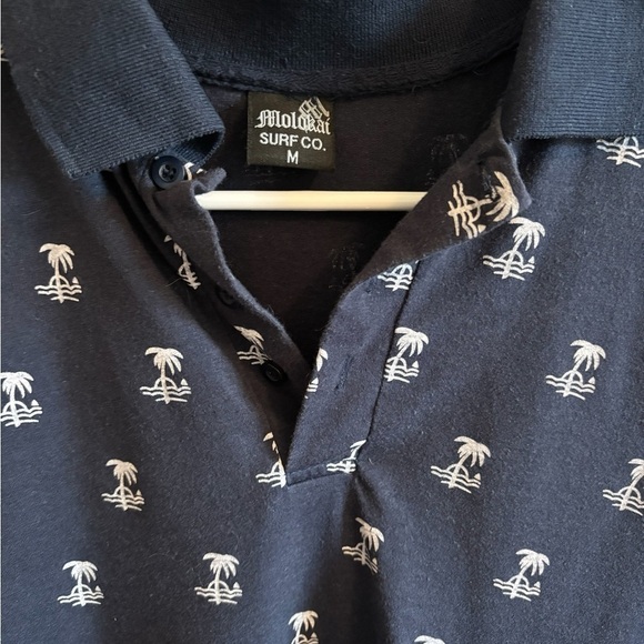 Molokai Surf Co Men’s Polo Shirt Blue White Palm Tree Print Medium Cotton Blend - Picture 3 of 8